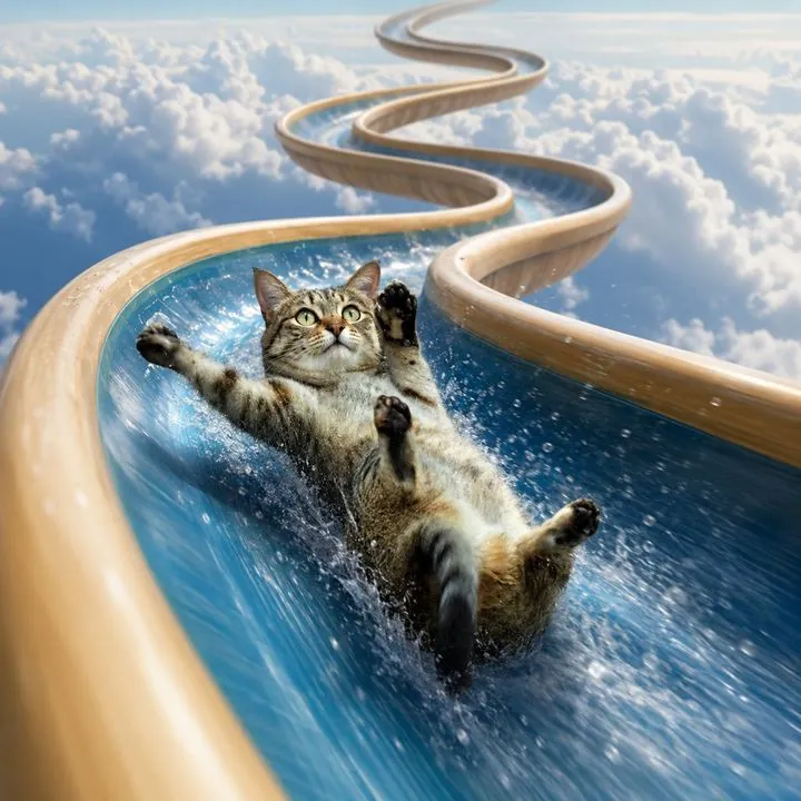The sliding cat on a giant waterslide above the clouds