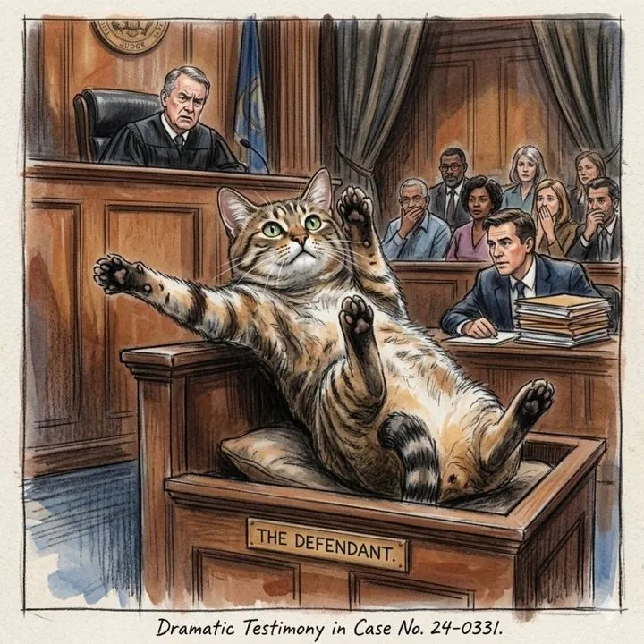 Courtroom sketch of the cat as the defendant
